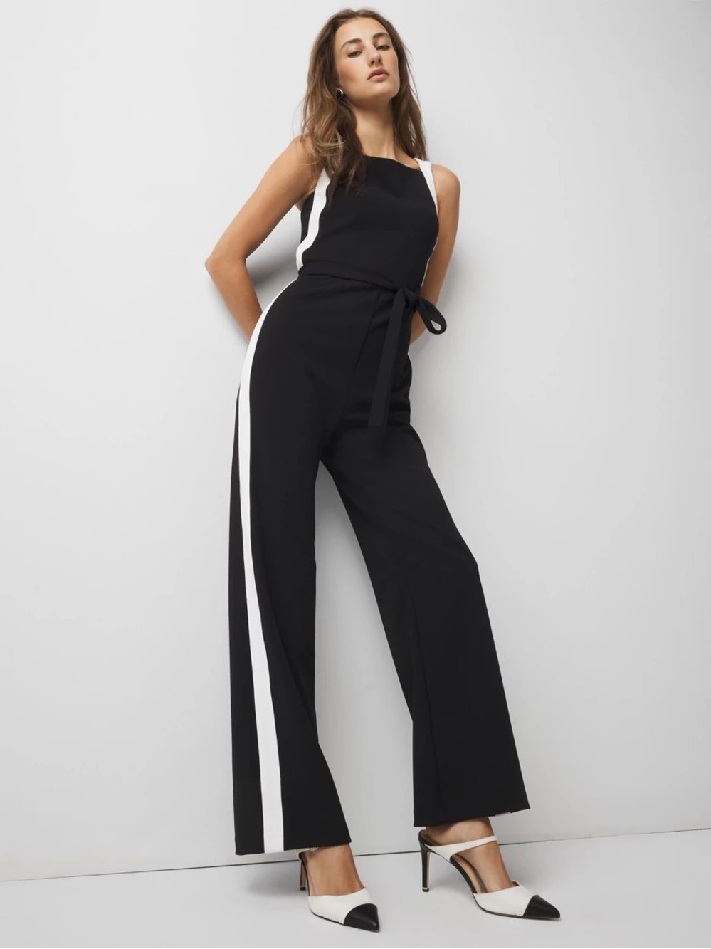 White House Black Market Striped Colorblock Wide Leg Jumpsuit Belt Sleevless